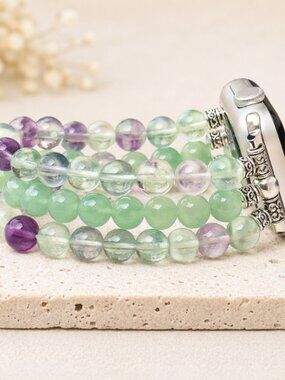 Apple Watch Band 38/40mm Fluorite Green Aventurine Beaded Stainless Bracelet